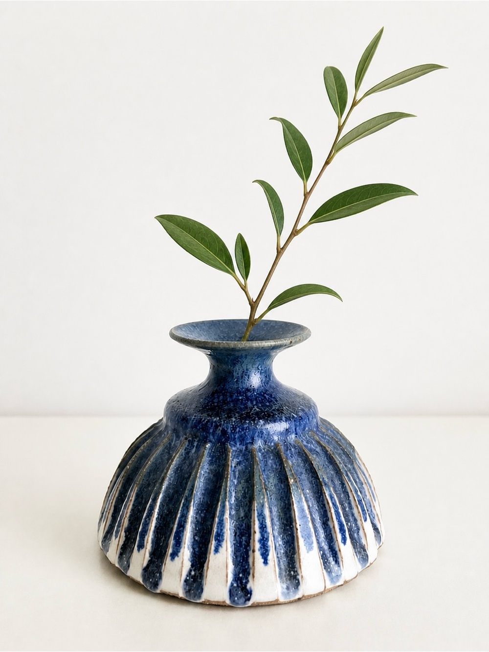 Handmade Studio Pottery Ceramic Bud Vase Blue White Ribbed Boho Organic Unique
